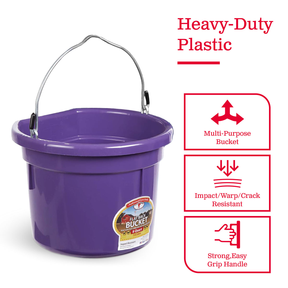 Little Giant 2 Gallon All Purpose Flat Back Plastic Bucket, Purple, (12 Pack)