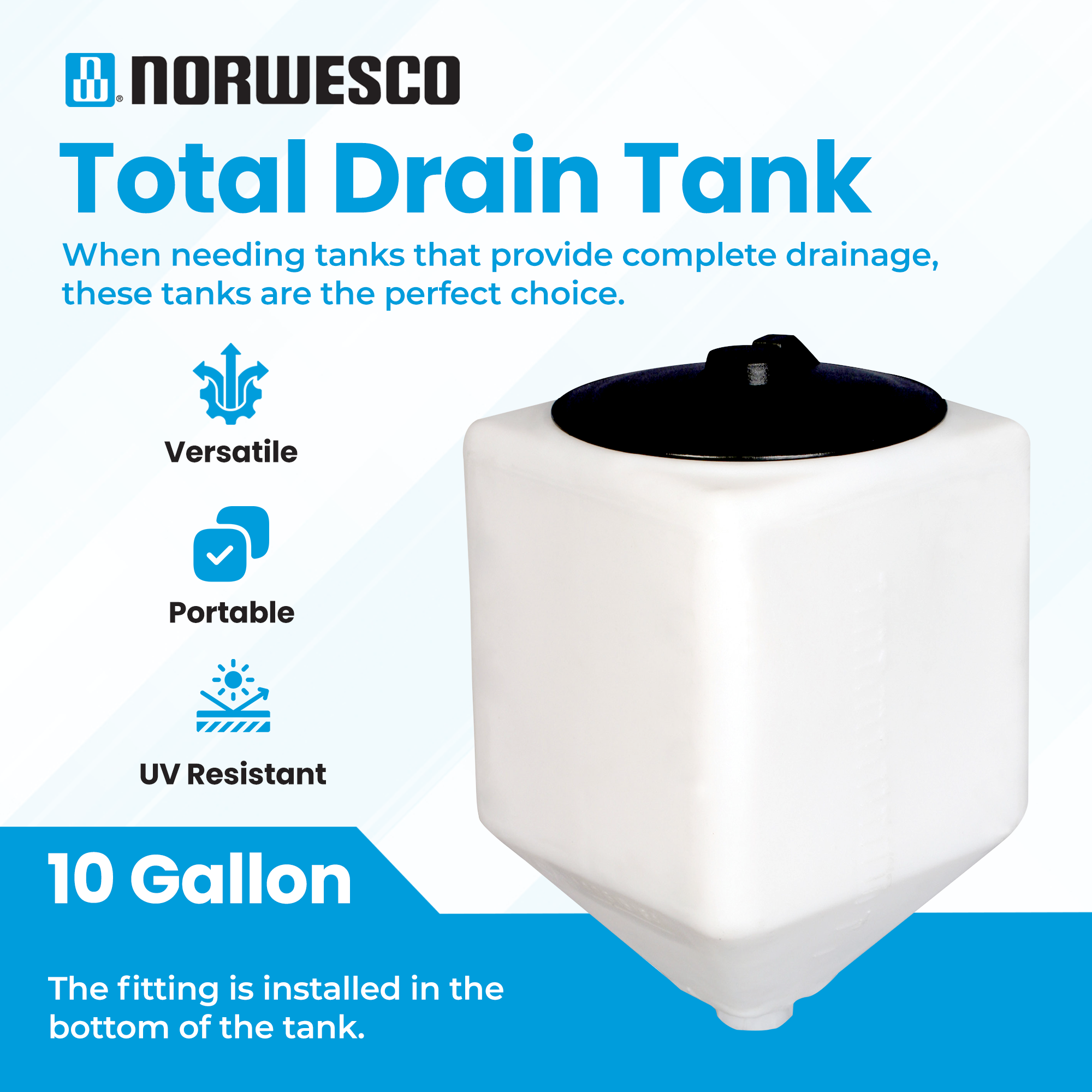 Norwesco 10 Gallon Square Total Drain Tank for Patio, Lawn, and Garden, White