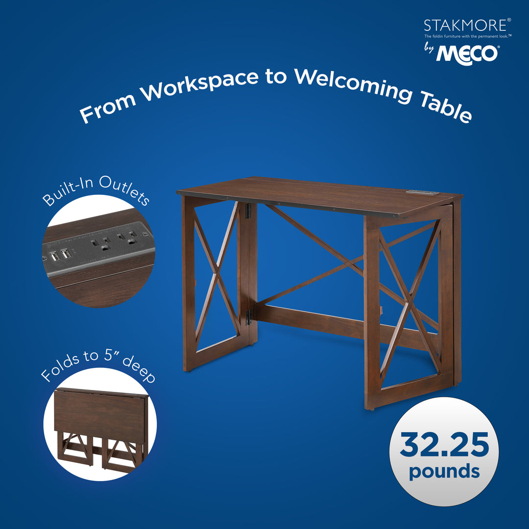 MECO Stakmore Stylish Versatile Folding Desk with Built In Outlets, Espresso