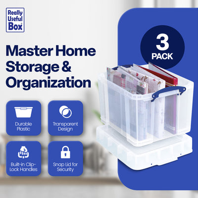 Really Useful Box 35 Liters Transparent Container w/Snap Lid, 3pk(Open Box) - VMInnovations