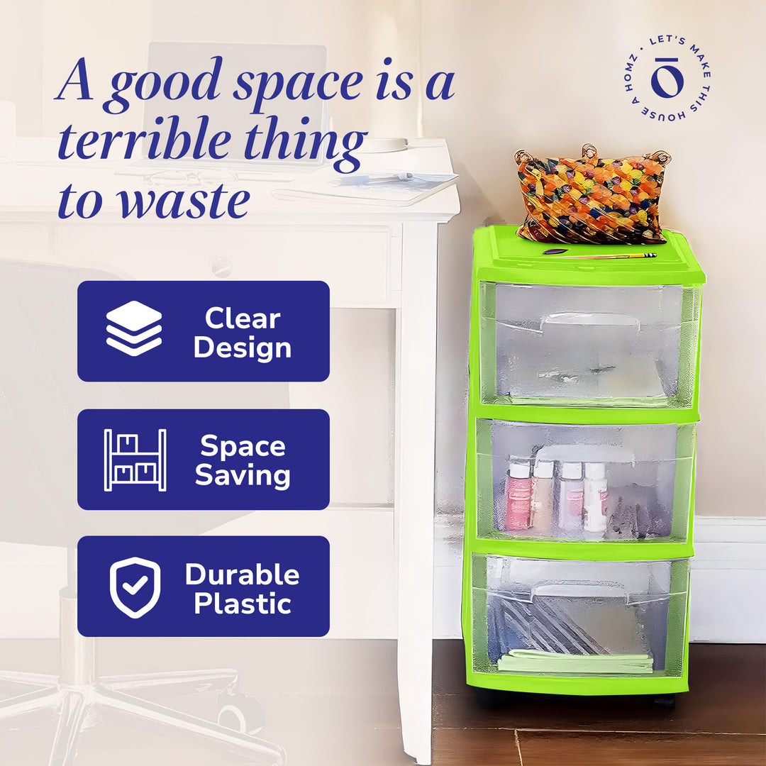 Homz Plastic 3 Drawer Storage Container Tower, Clear Drawers/Lime Frame (Used)