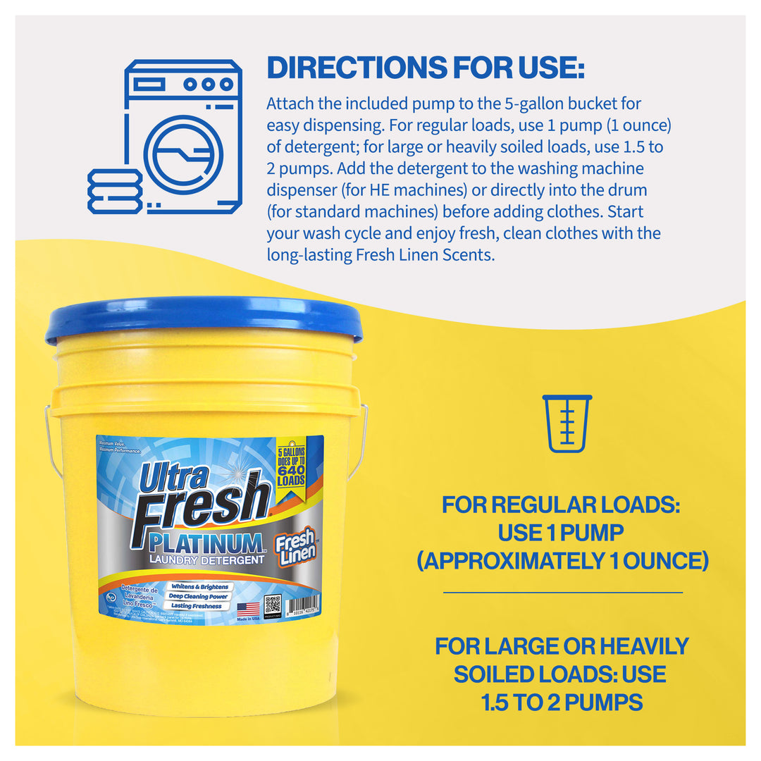 Ultra Fresh Platinum 5 Gal Laundry Detergent, Up to 640 Loads, Fresh Linen Scent - VMInnovations