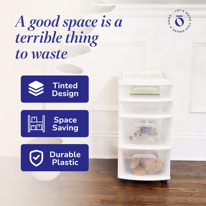 Homz Clear Plastic 4 Drawer Medium Home Storage Container Tower, White Frame