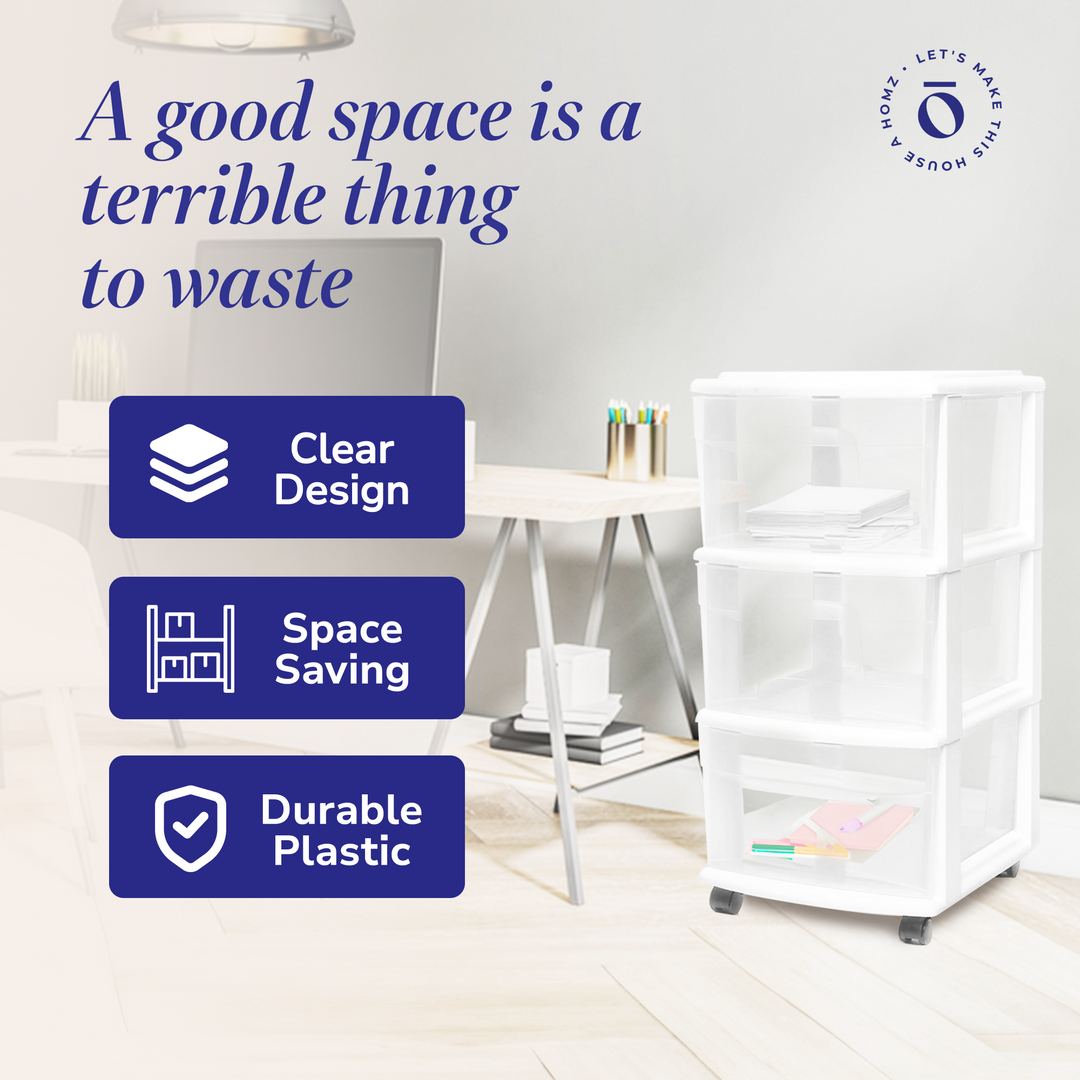 Homz Plastic 3 Drawer MD Storage Container Tower, Clear w/ White Frame(Open Box)