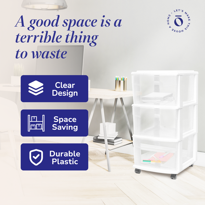 Homz Plastic 3 Drawer MD Storage Container Tower, Clear w/ White Frame(Open Box)
