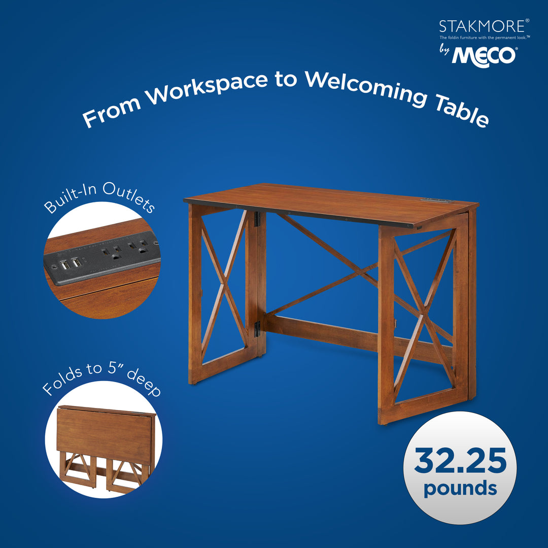 MECO Stakmore Stylish Versatile Folding Desk with Built In Outlets, Fruitwood