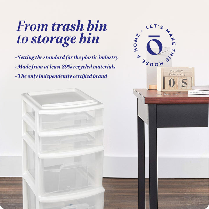 Homz Clear Plastic 4 Drawer Medium Home Storage Container Tower, White Frame
