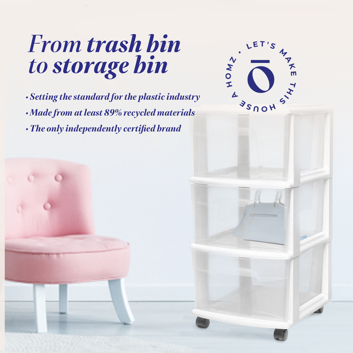 Homz Plastic 3 Drawer MD Storage Container Tower, Clear w/ White Frame(Open Box)