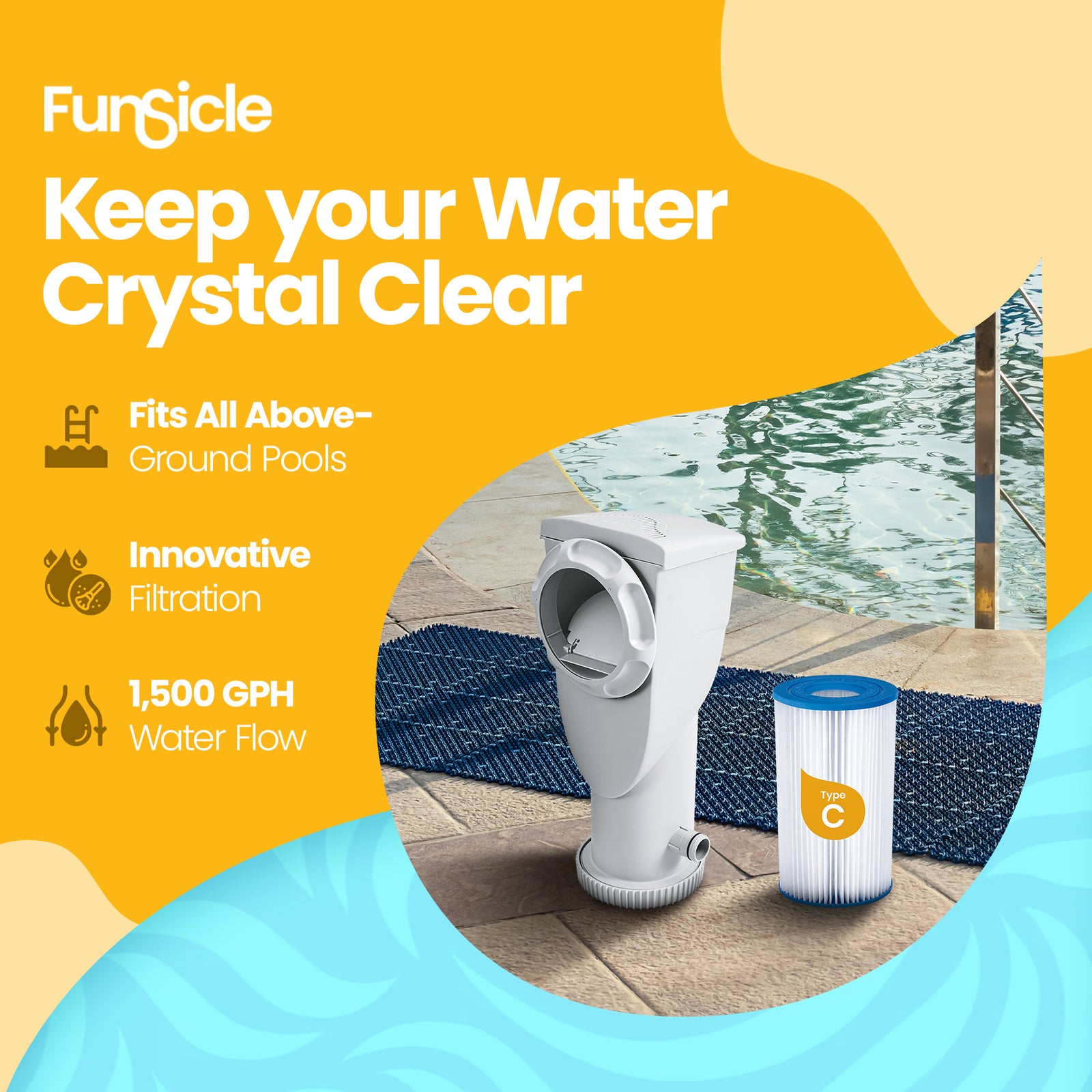 Funsicle 1500 Gallon SkimmerPlus 2-in-1 Filter Pump System for Above Ground Pool - VMInnovations