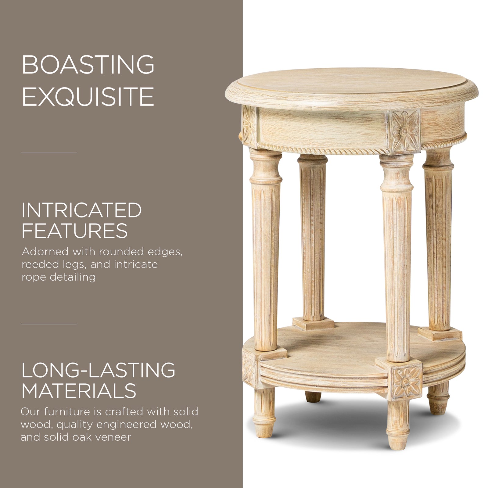 Maven Lane Traditional Round Wooden Side Table in Antiqued White Finish (Used) - VMInnovations