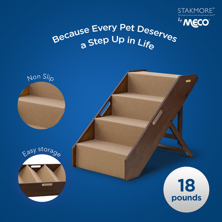 MECO Foldable Pet Steps w/Hardwood Construction, Espresso w/Brown Felt (Used) - VMInnovations