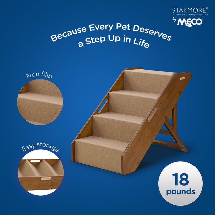 MECO Foldable Pet Steps with Solid Fruitwood Construction, Brown Felt (Used)