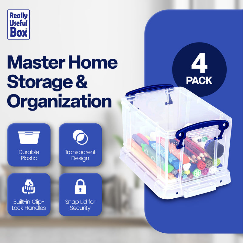 Really Useful Box 1.6L Storage Container w/Snap Lid & Clip Lock Handle, (4 Pack)