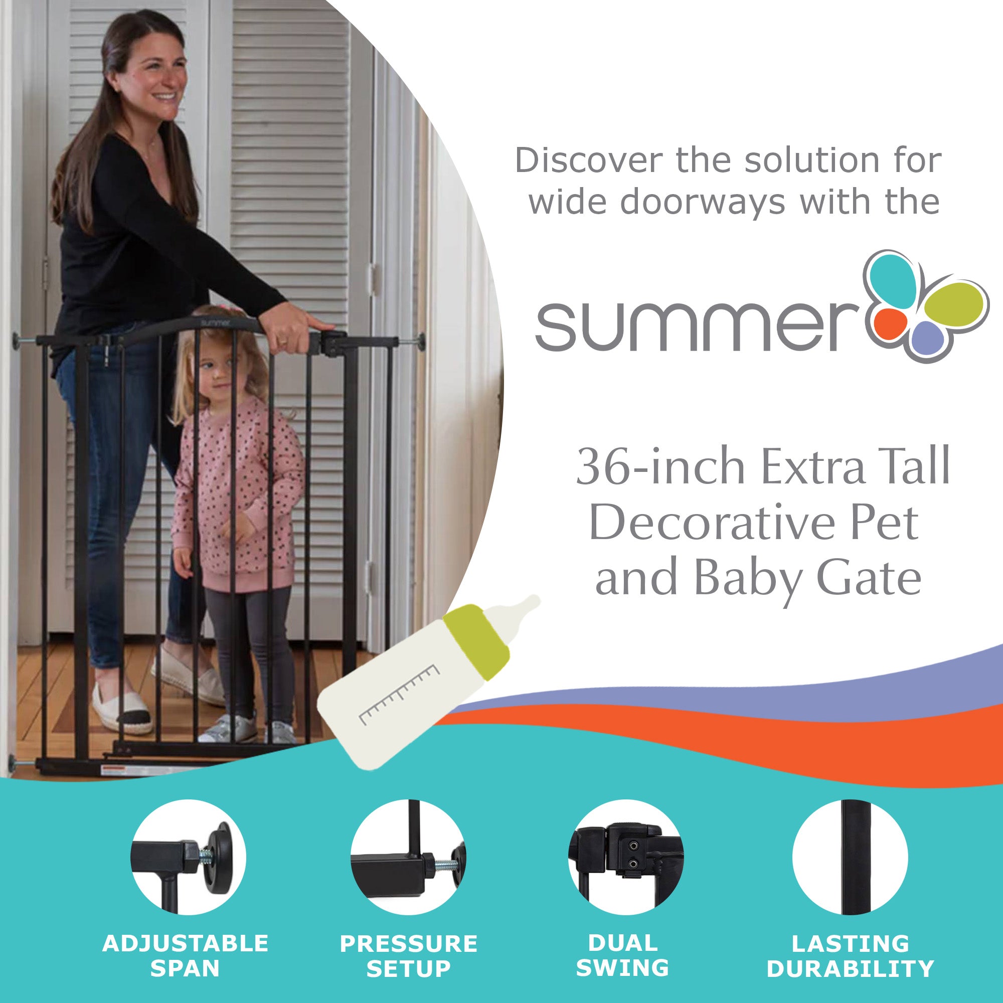 Summer 36" Extra Tall Summer Decorative Pet and Baby Gate, Black (Open Box) - VMInnovations
