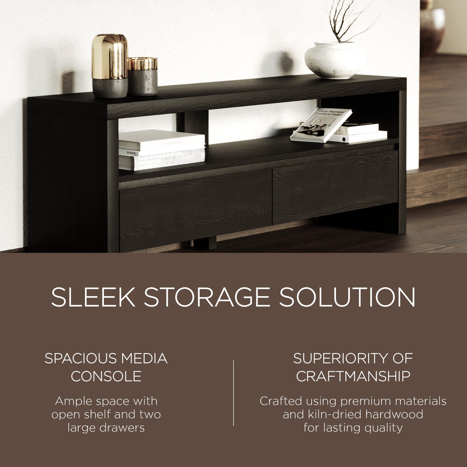 Maven Lane Ada Contemporary Wooden Media Unit in Refined Black Finish (Open Box) - VMInnovations