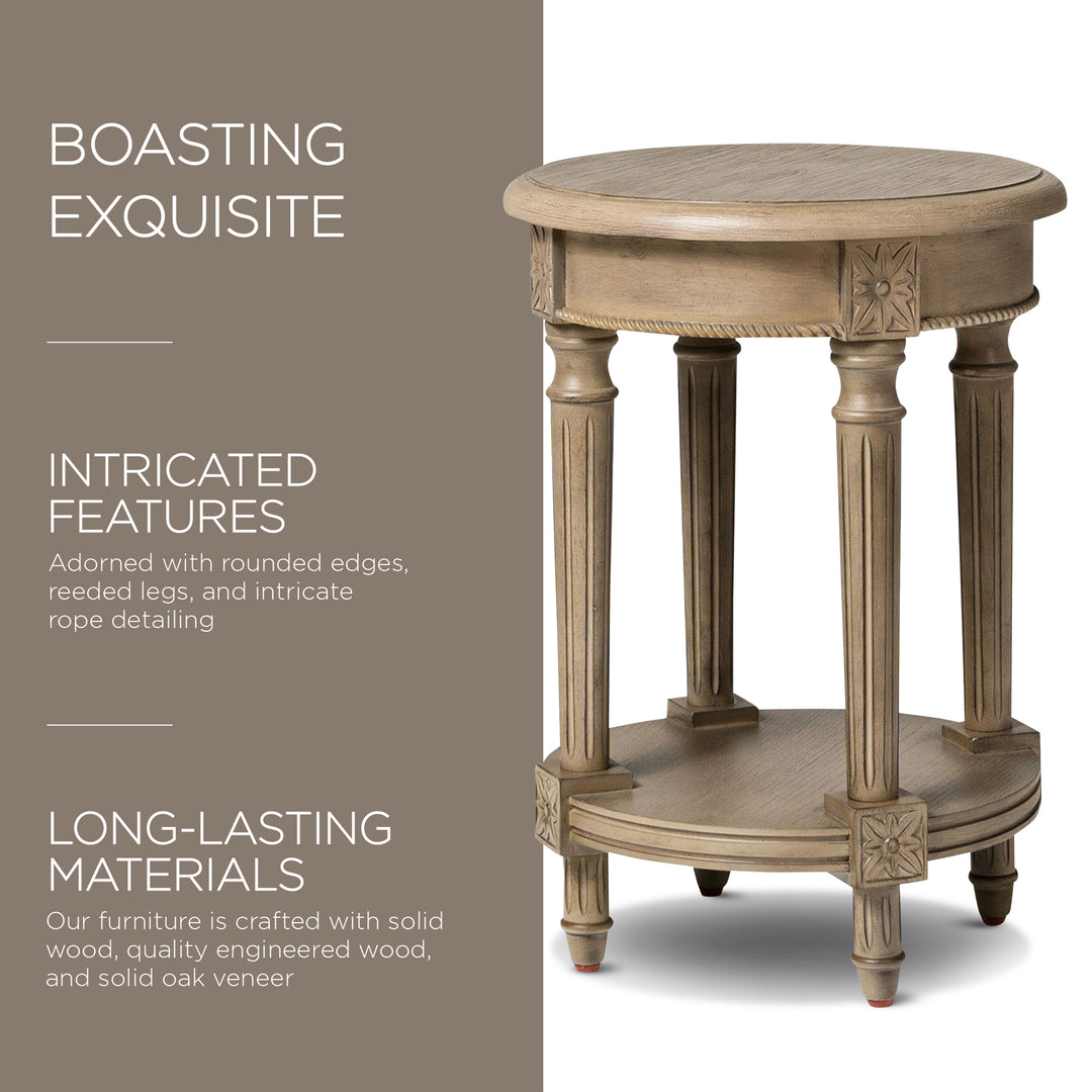 Maven Lane Pullman Traditional Round Wooden Side Table in Antiqued Grey Finish - VMInnovations