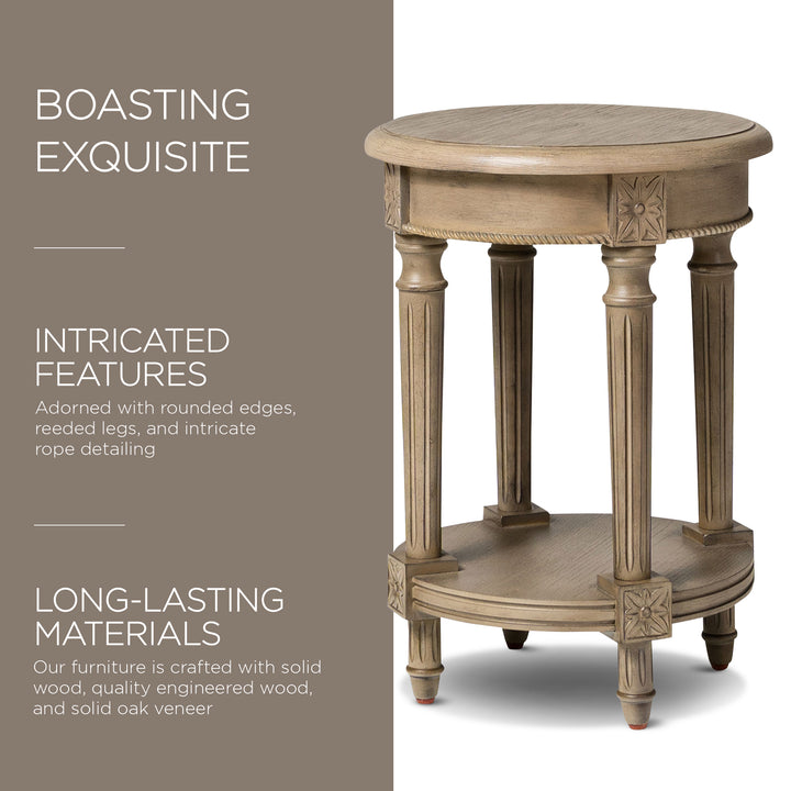 Maven Lane Pullman Traditional Round Wooden Side Table in Antiqued Grey Finish - VMInnovations