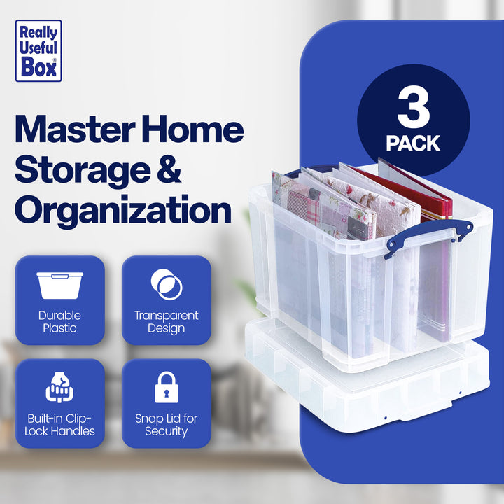 Really Useful Box 35 Liters Transparent Storage Container with Snap Lid, 3 Pack