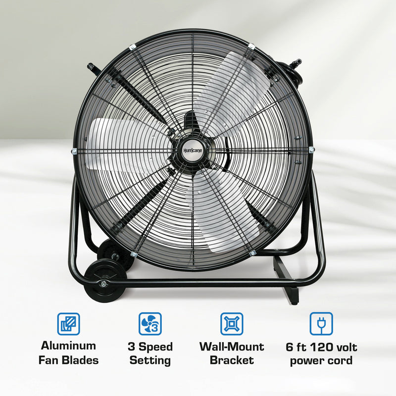 Hurricane Pro Series 24” Heavy Duty Adjustable Air Portable Tilt Drum Fan, Black