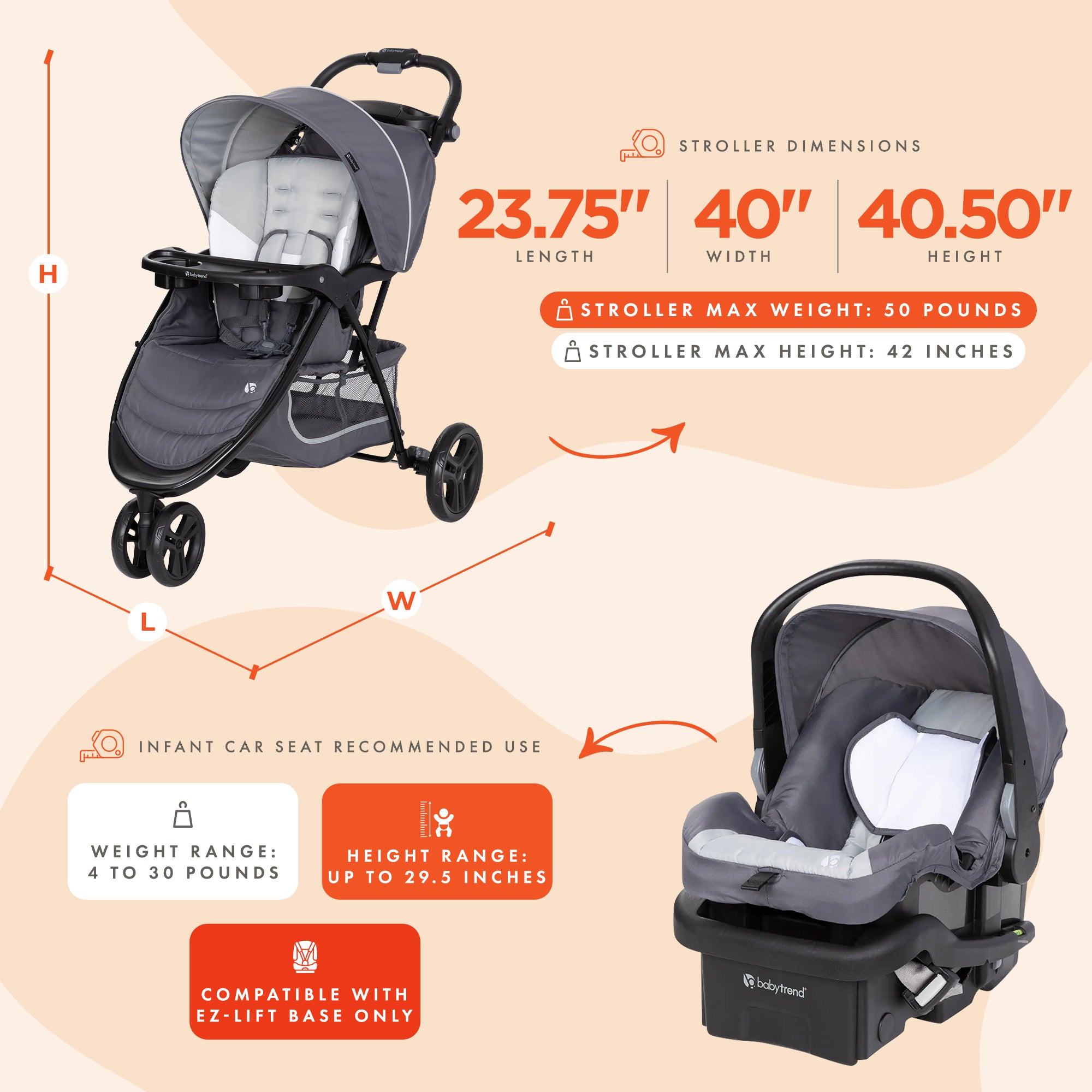 Baby Trend Stroller & EZ-Lift Infant Car Seat, EZ Ride Travel System, Dash Grey - VMInnovations