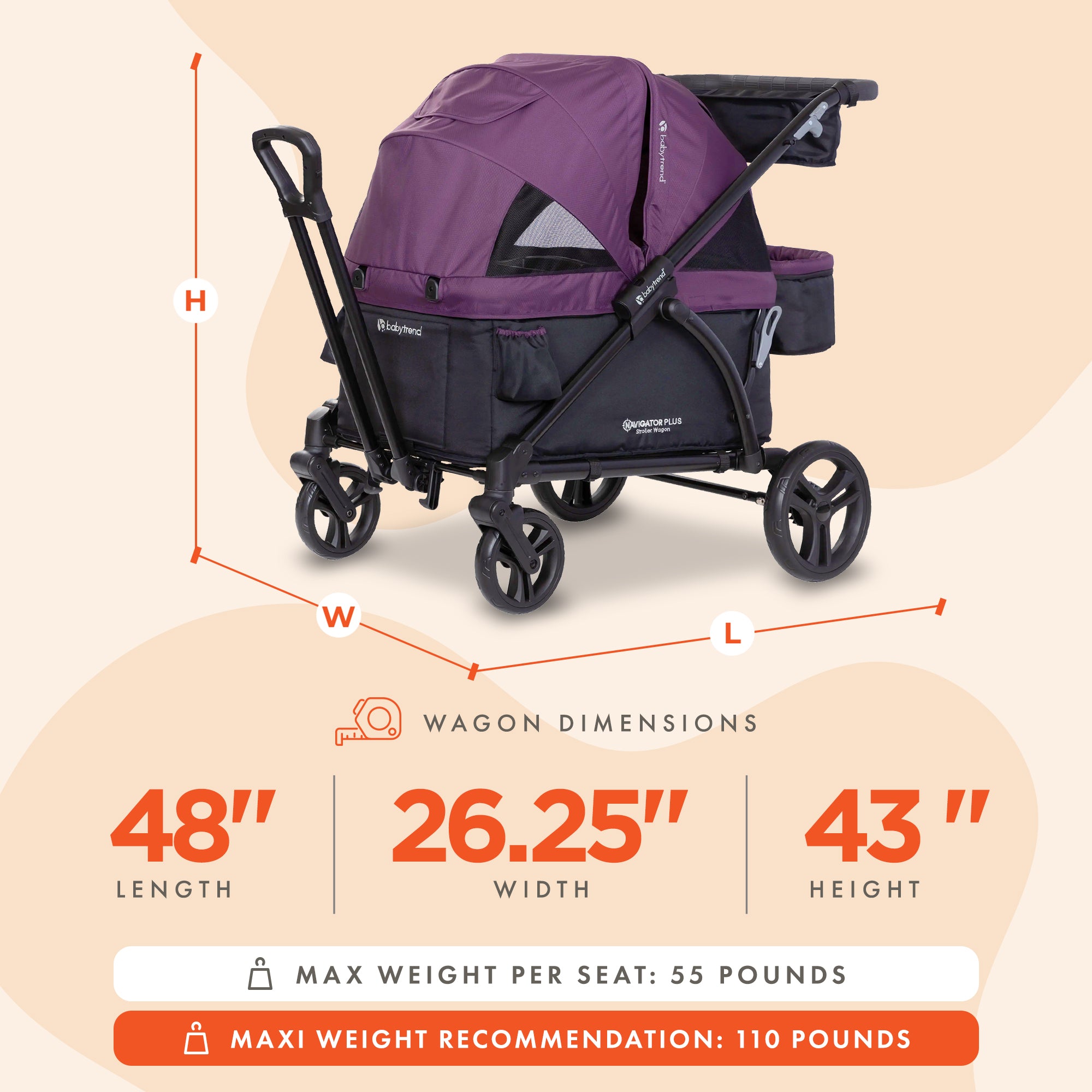 Baby Trend Navigator PLUS 2-in-1 Foldable Stroller Wagon with Canopy, Dash Plum - VMInnovations
