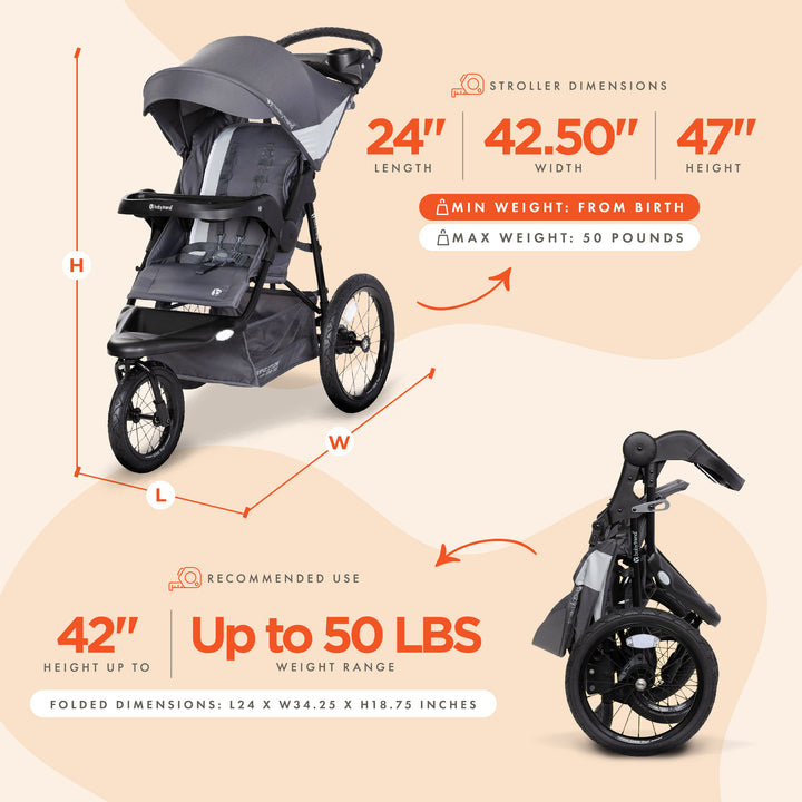 Baby Trend Zero Flat Jogger Stroller w/Canopy & LED Lights, Grey (Open Box)
