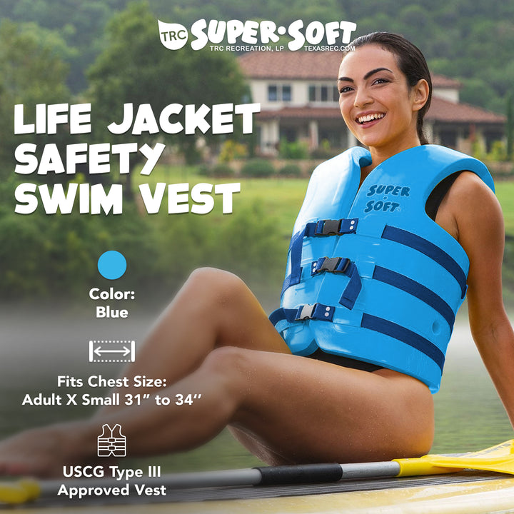 TRC Recreation Super Soft Adult XS Life Jacket Vinyl Coated Foam Swim Vest, Blue
