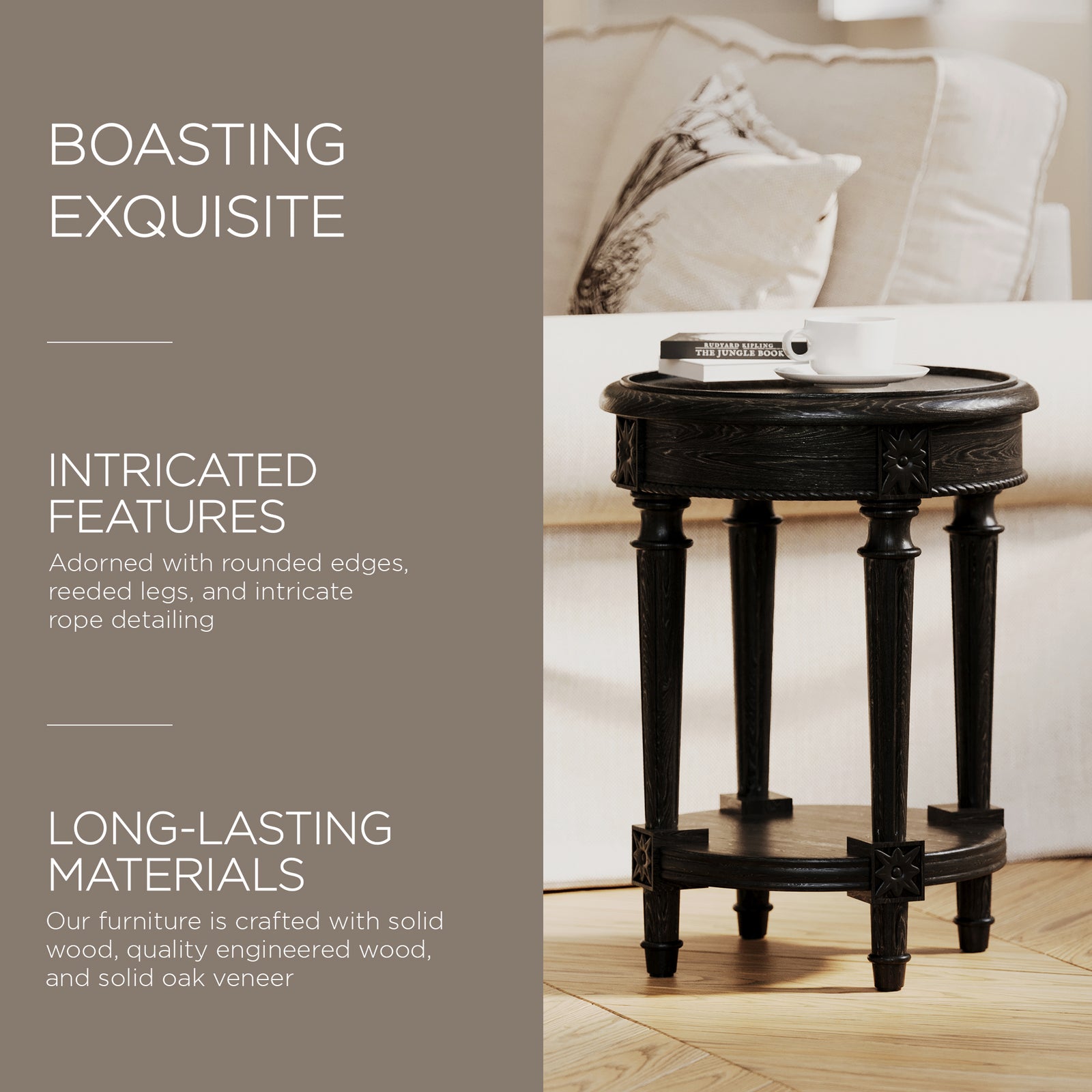 Maven Lane Pullman Traditional Round Wooden Side Table in Antiqued Black Finish - VMInnovations