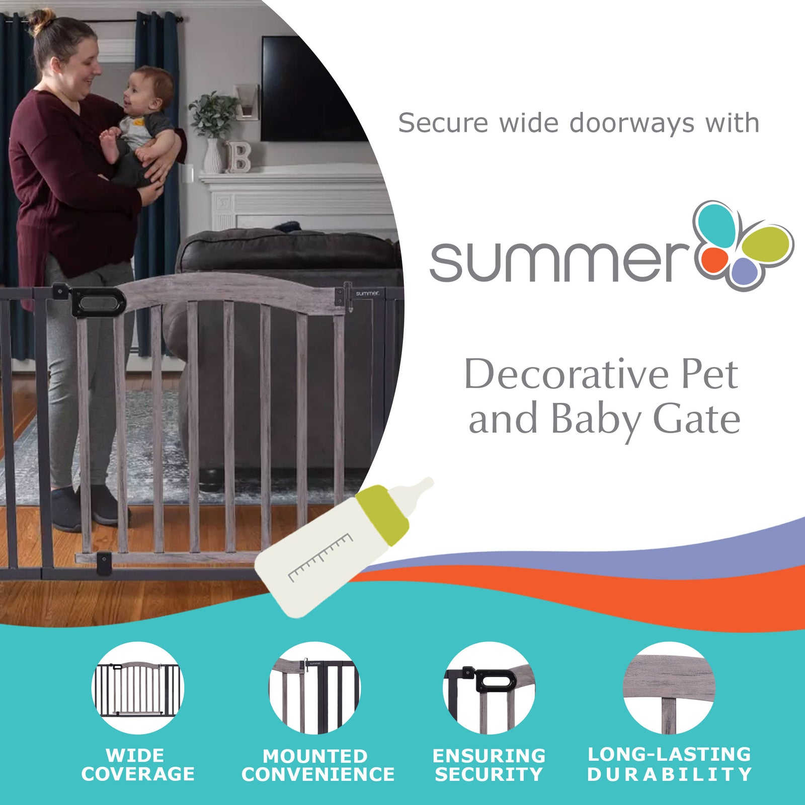 Summer 32 Inch Summer Decorative Wood & Metal Pet and Baby Gate, Gray (Open Box) - VMInnovations