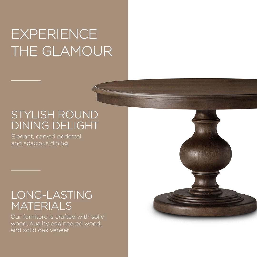 Maven Lane Zola Traditional Round Wooden Dining Table, Antiqued Brown (Open Box) - VMInnovations