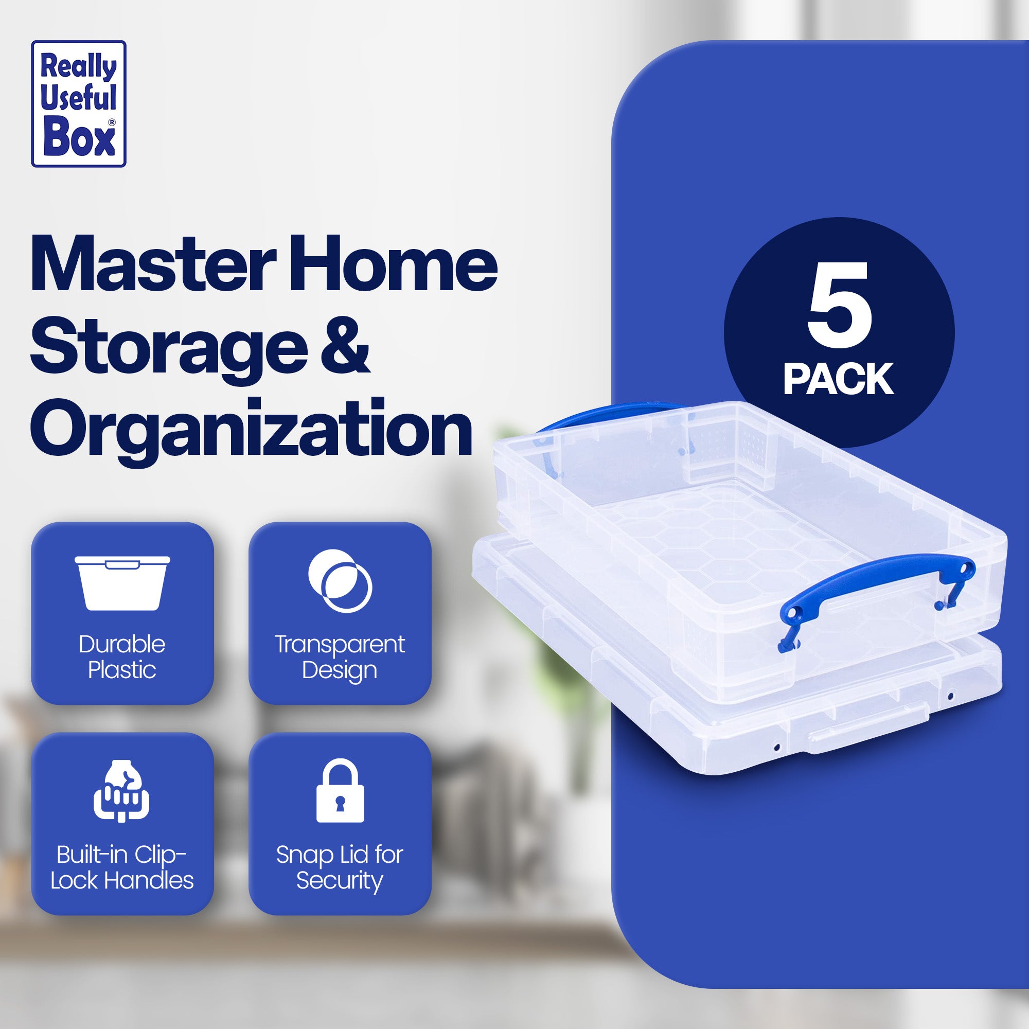 Really Useful Box 4L Storage Container with Lid and Clip Lock Handles, (5 Pack) - VMInnovations