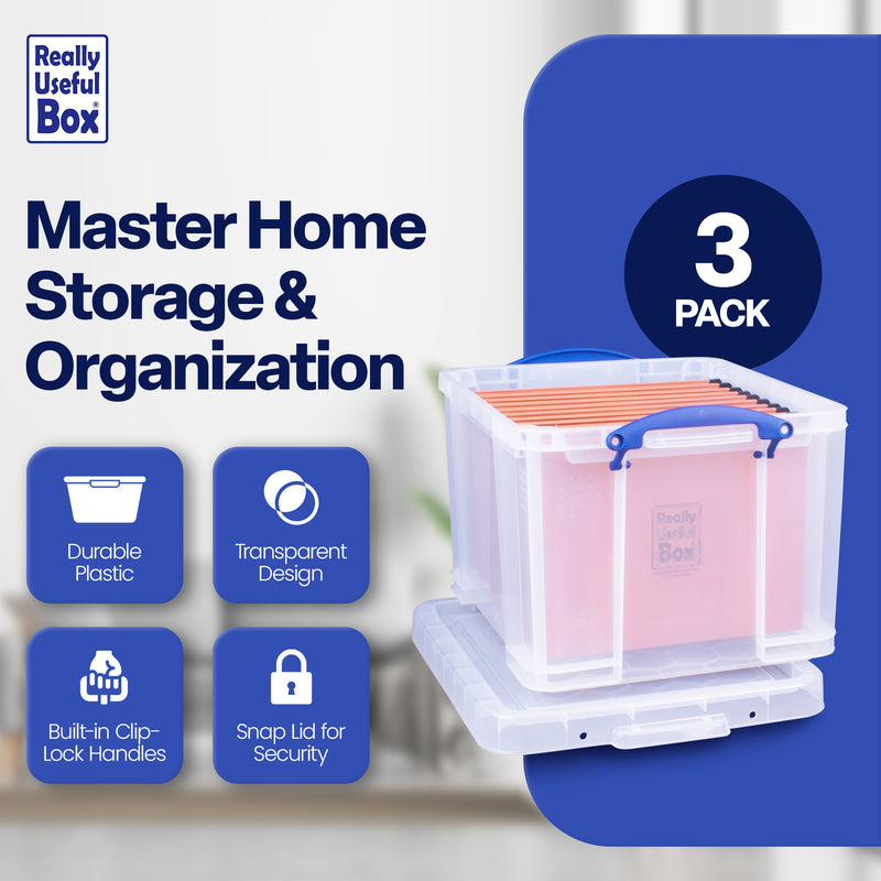 Really Useful Box 32 Liter Storage Container w/Snap Lock Handles, Clear (3 Pack)