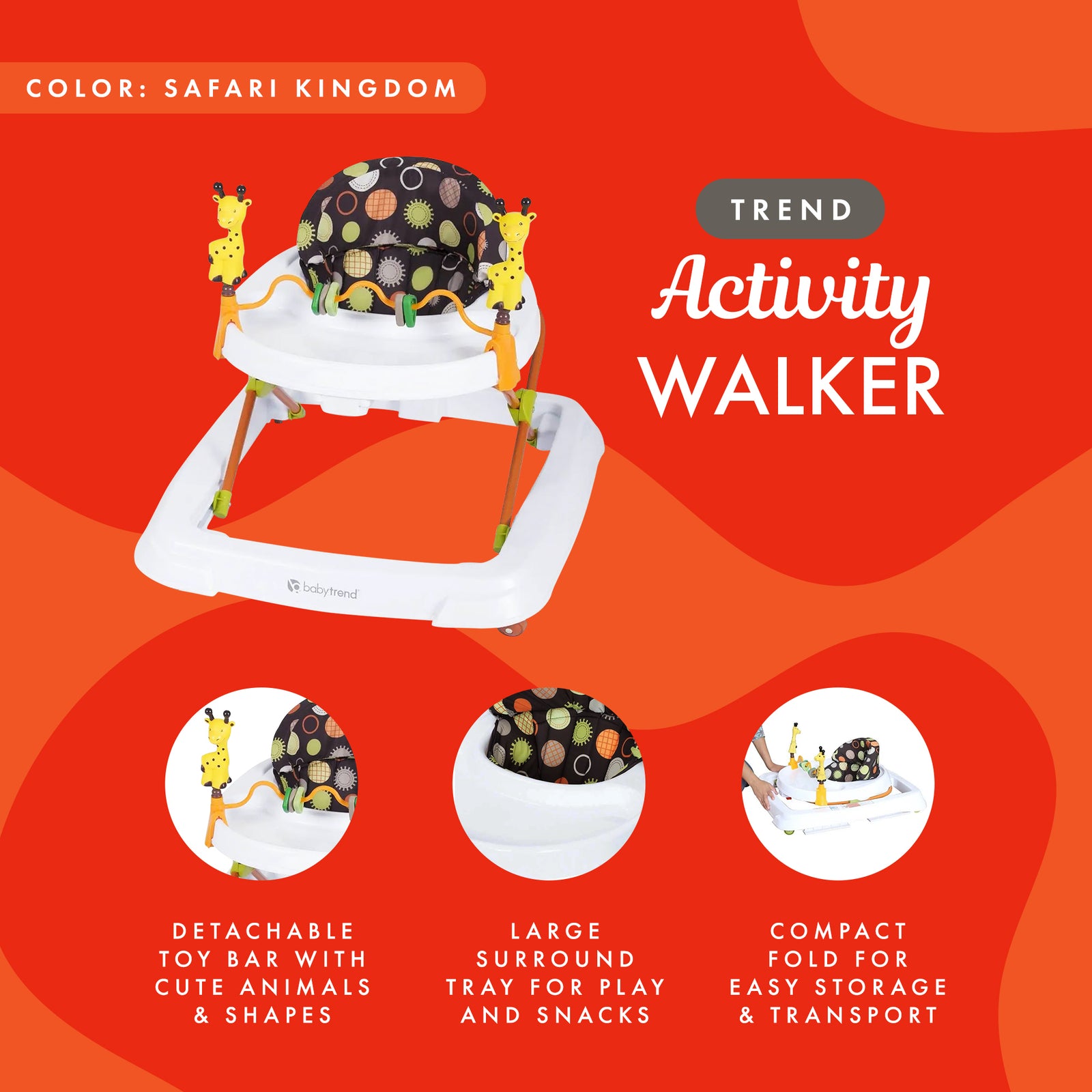 Baby Trend Foldable Activity Walker w/ Tray & Removable Toy Bar, Safari Kingdom - VMInnovations