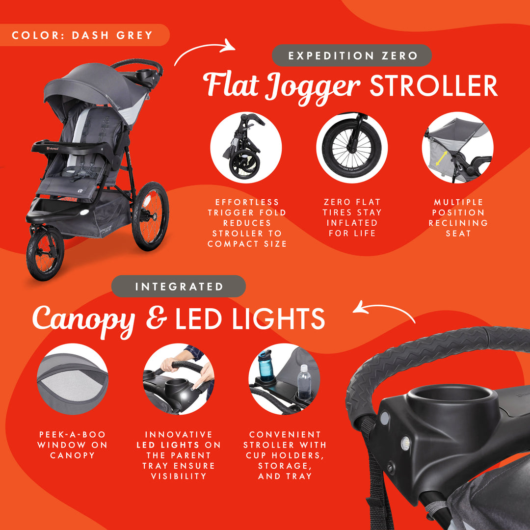 Baby Trend Expedition Zero Flat Jogger Stroller w/Canopy & LED Lights, Dash Grey