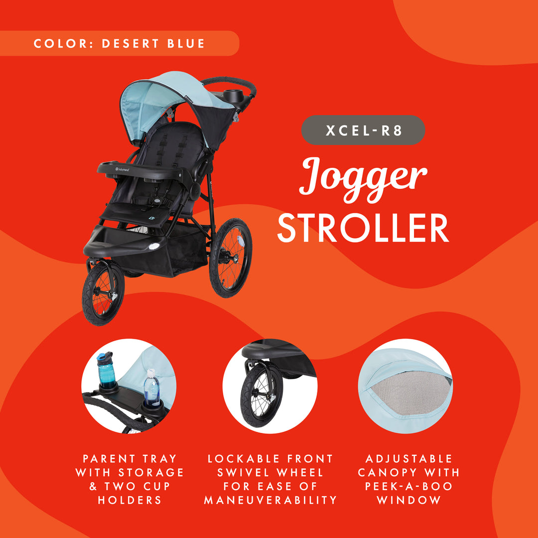 Baby Trend XCEL-R8 Compact Jogger Stroller with Reclining Seat, Desert Blue