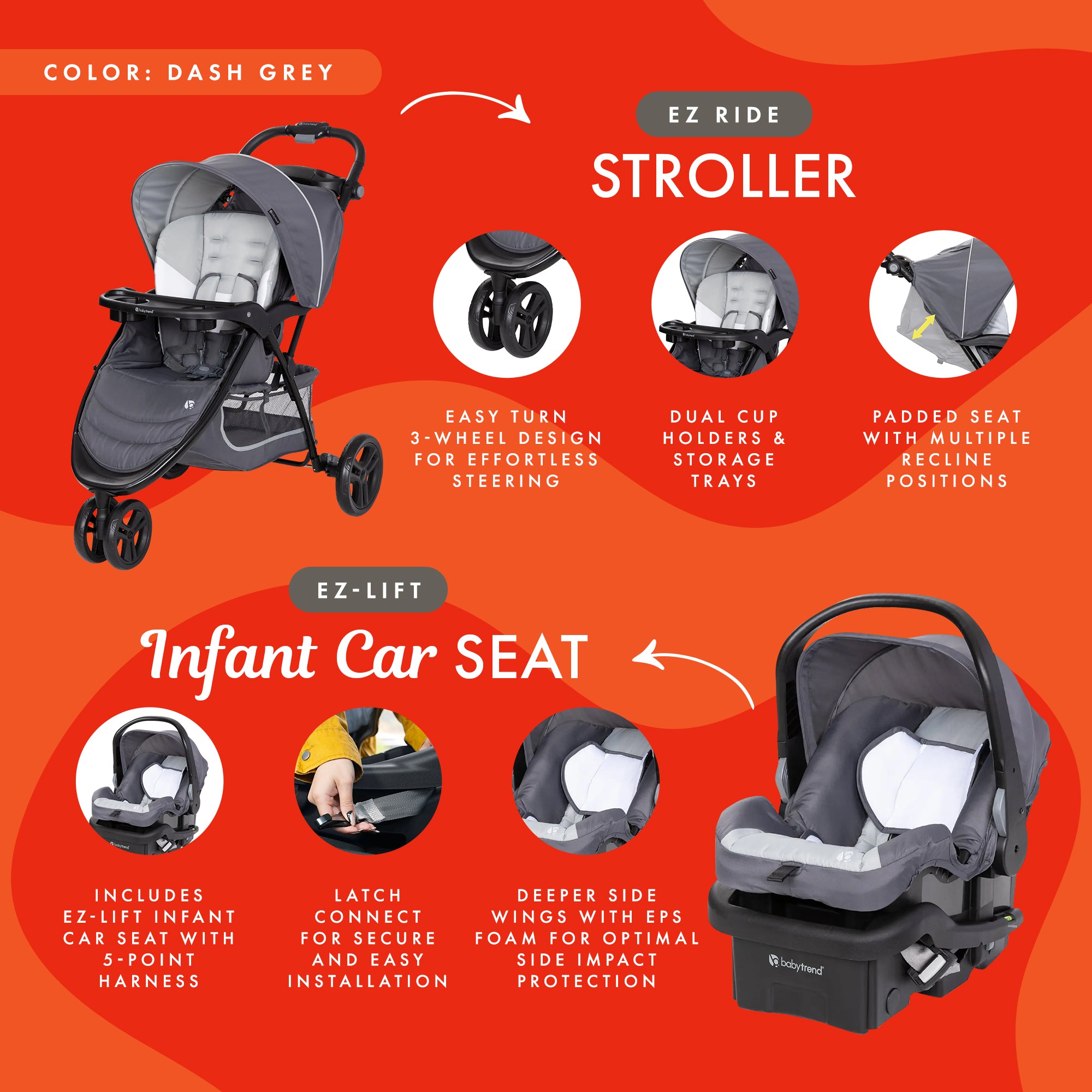 Baby Trend Stroller & EZ-Lift Infant Car Seat, EZ Ride Travel System, Dash Grey - VMInnovations