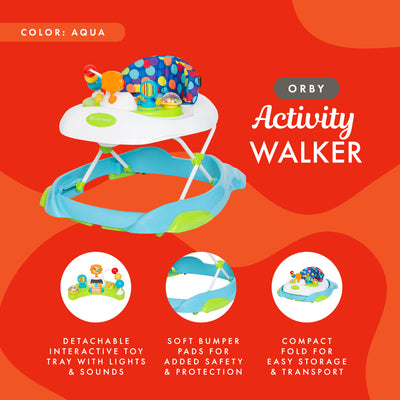 Baby Trend Orby Activity Walker Removable Toy Tray, Lights/Sounds Aqua(Open Box)