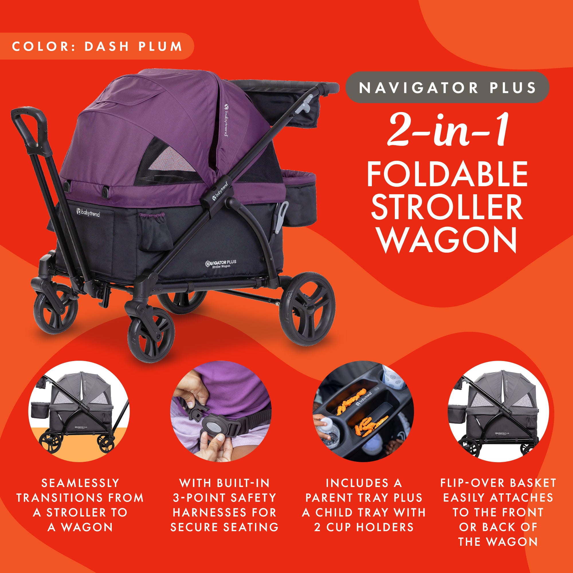 Baby Trend Navigator PLUS 2-in-1 Foldable Stroller Wagon with Canopy, Dash Plum - VMInnovations