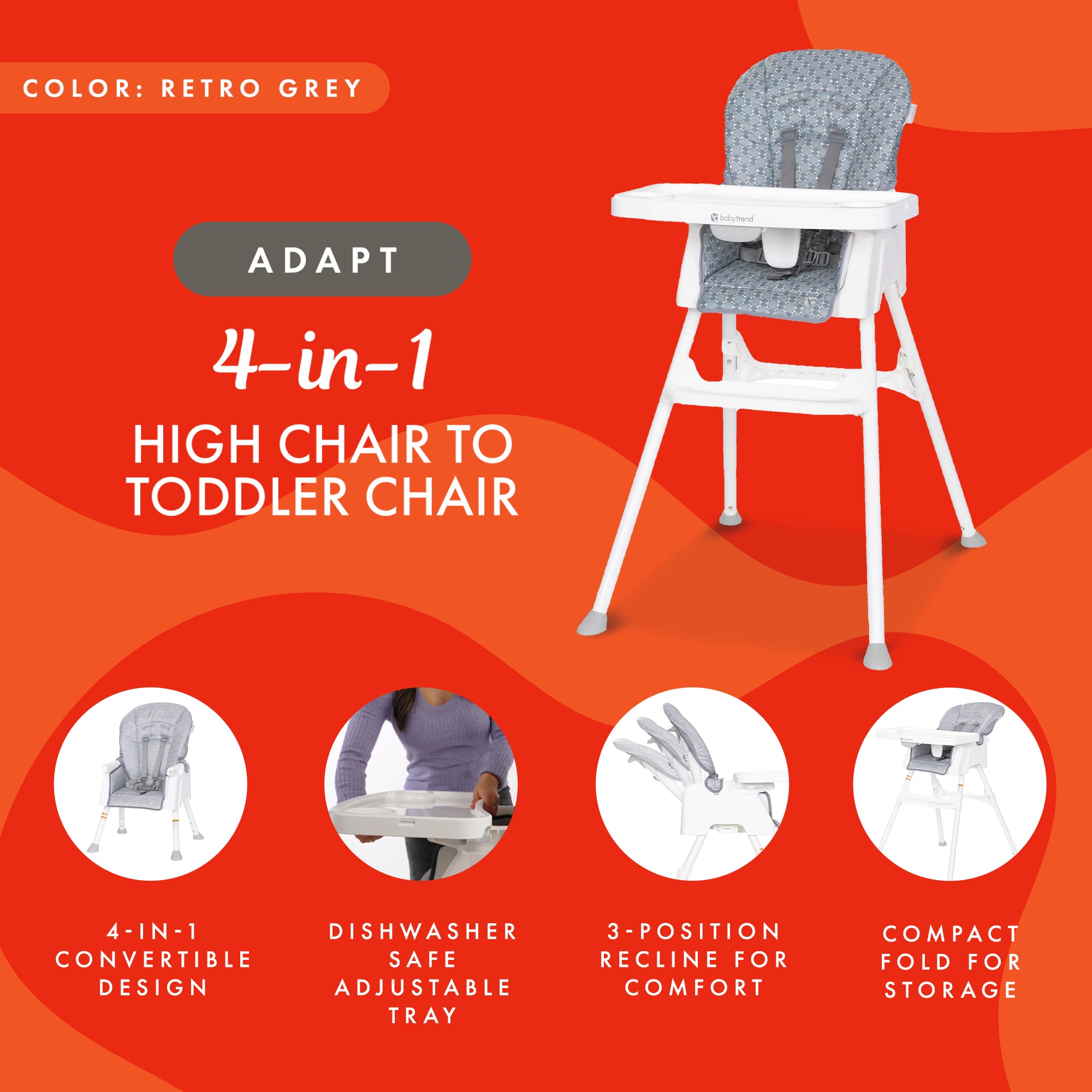 Baby Trend Adapt 4-in-1 Convertible High Chair Booster Seat, Grey (Open Box) - VMInnovations