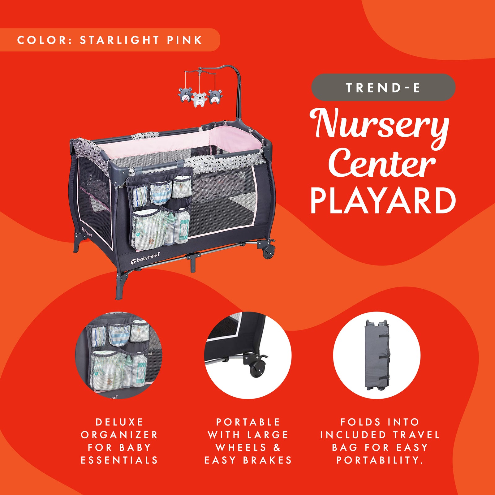 Baby Trend Portable Infant Trend-E Nursery Center with Bassinet, Starlight Pink - VMInnovations