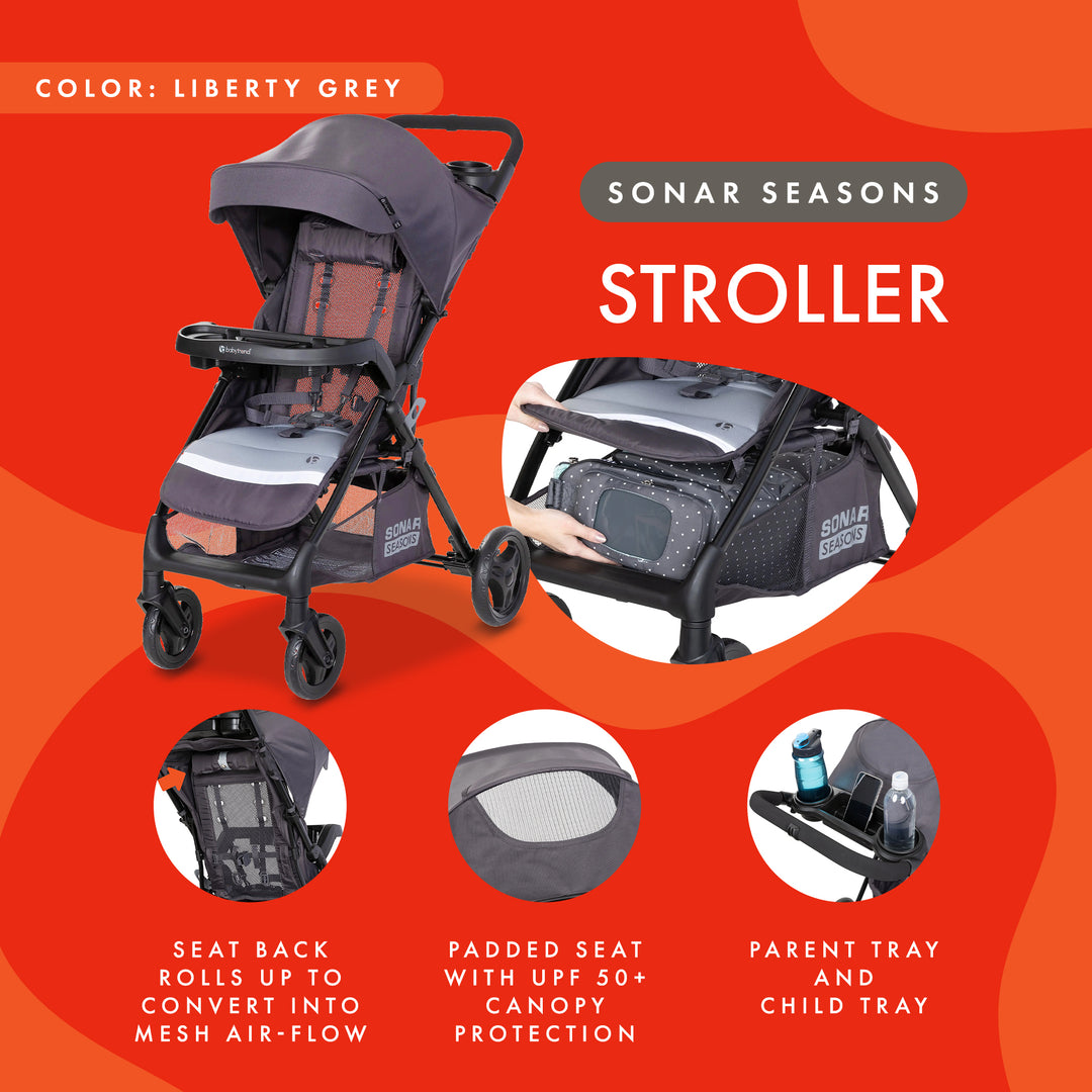 Baby Trend Sonar Seasons Single Stroller with Padded Seat & Canopy, Liberty Grey