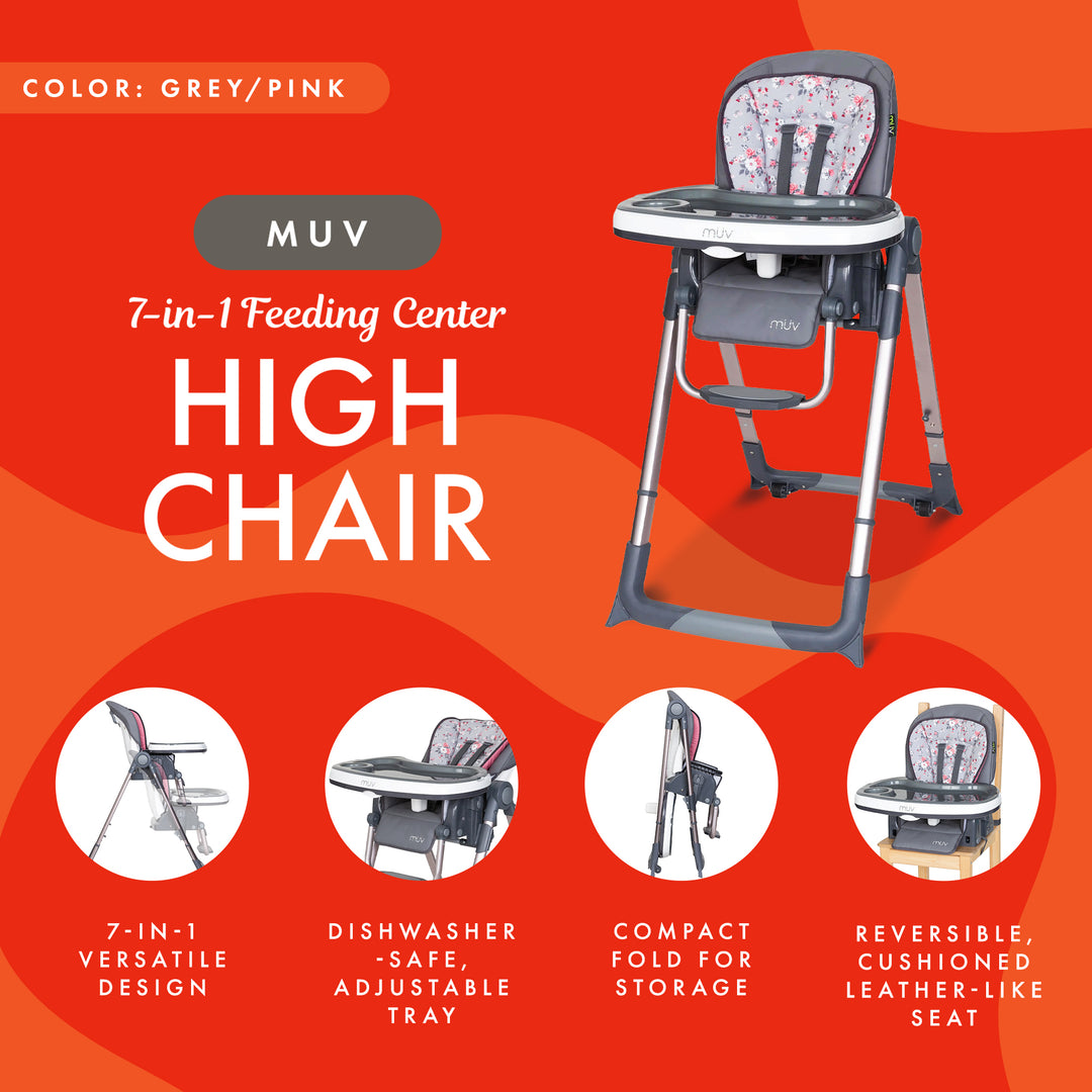 Baby Trend MUV 7-in-1 Feeding Center High Chair, Infant to Youth Seat, Grey