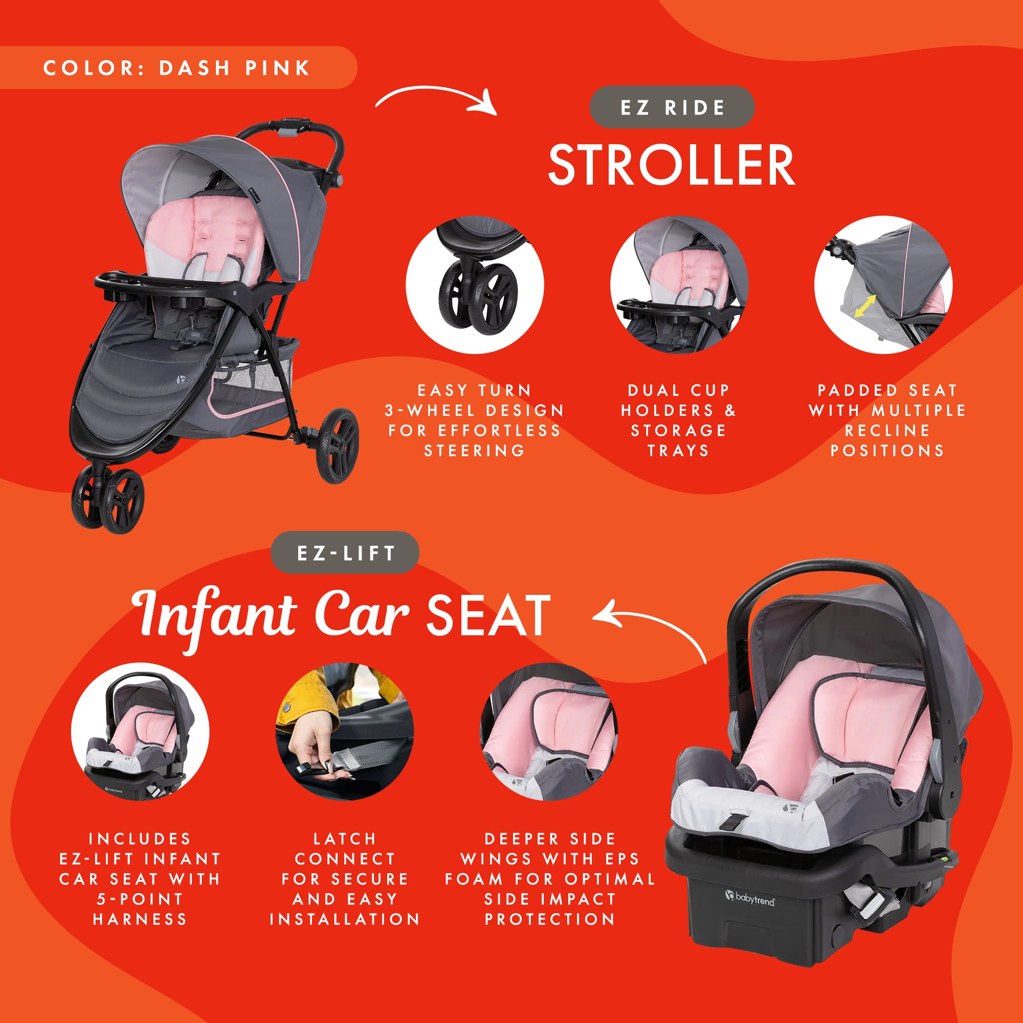 Baby Trend Stroller & EZ-Lift Infant Car Seat, EZ Ride Travel System, Dash Pink - VMInnovations