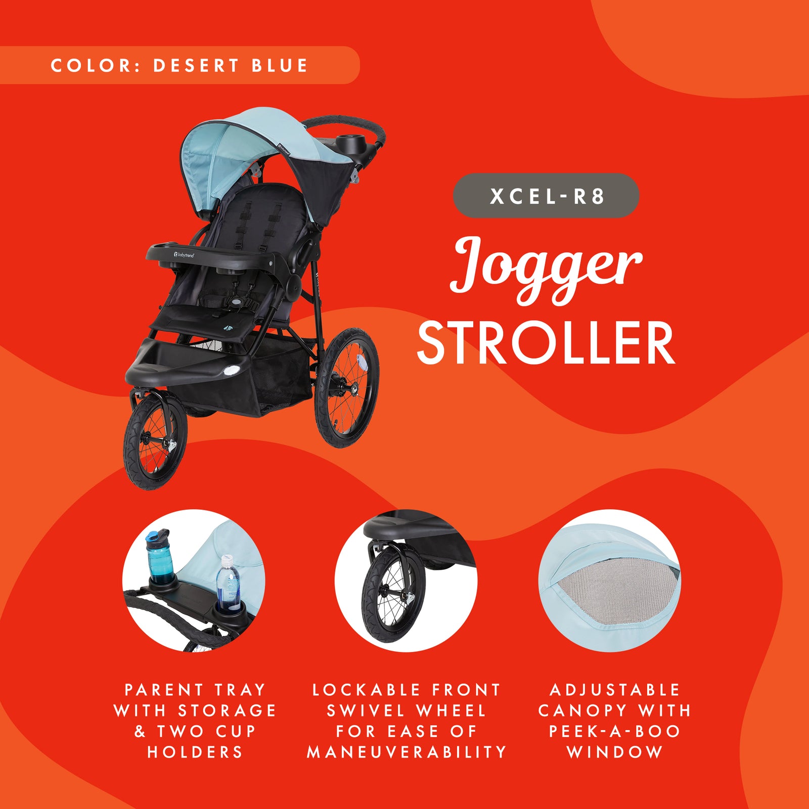 Baby Trend XCEL-R8 Compact Jogger Stroller with Reclining Seat, Desert Blue - VMInnovations