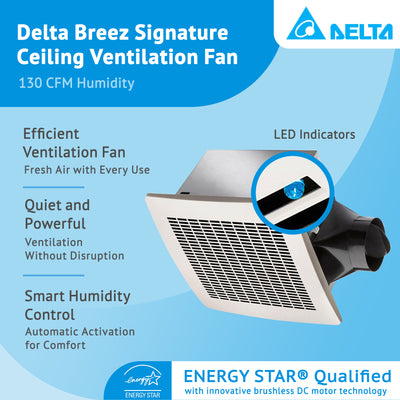 Delta Breez Signature 130 CFM Exhaust Bathroom Fan with Humidity Sensor, White