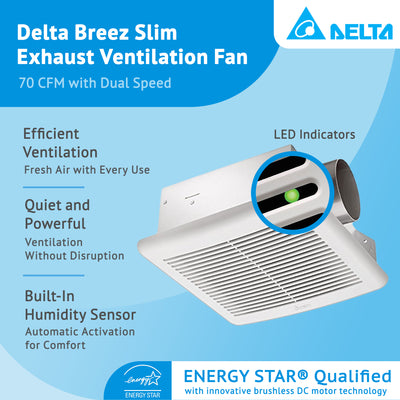 Delta Breez Slim Ventilation Exhaust Bathroom Fan 70 CFM with Dual Speed, White - VMInnovations