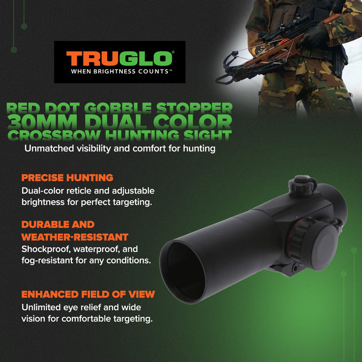 TruGlo Red Dot Gobble Stopper 30mm Dual Color Crossbow Hunting Sight, Black