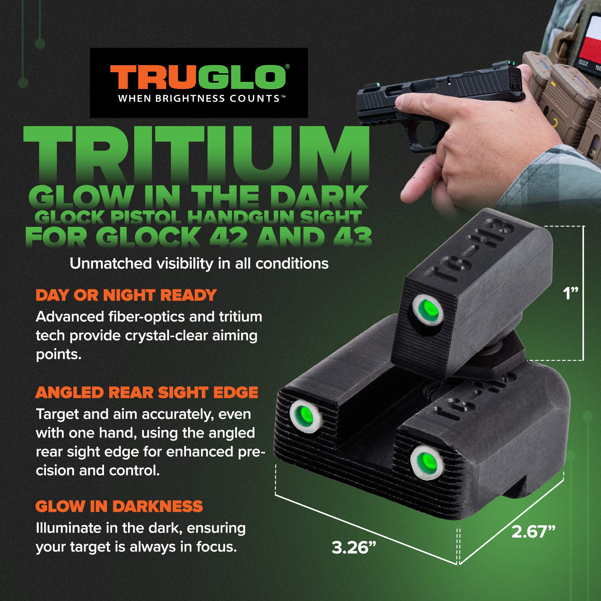 TruGlo Tritium Glow in the Dark Glock Pistol Handgun Sight Set, Glock 42 and 43 - VMInnovations