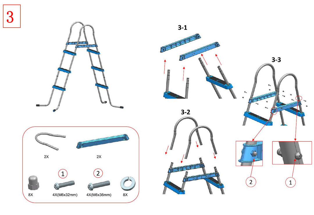 JLeisure 29R145 43" 3 Step Outdoor Backyard Above Ground Pool Ladder (Open Box)