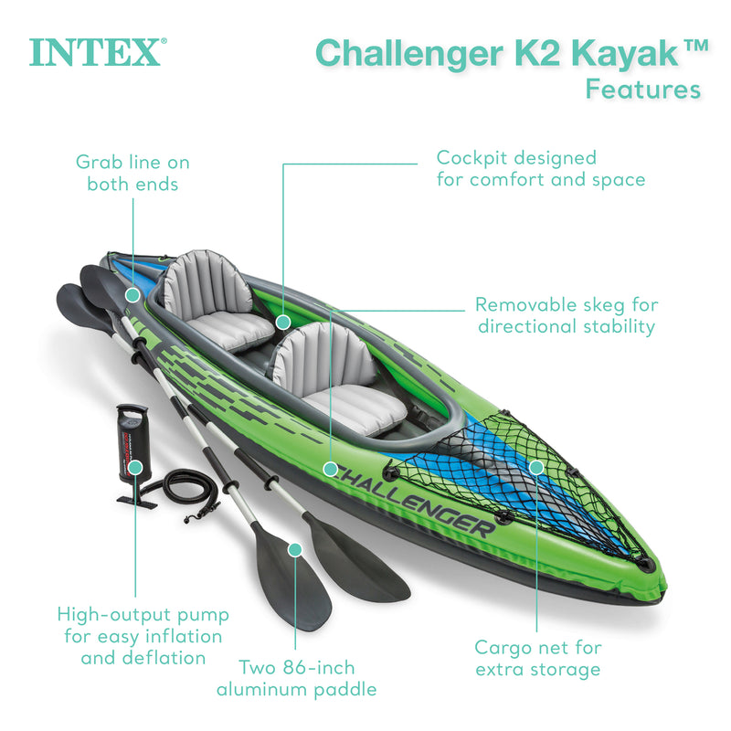 Intex Challenger K2 Two Person Inflatable Kayak Kit with Oars & Pump (Open Box)